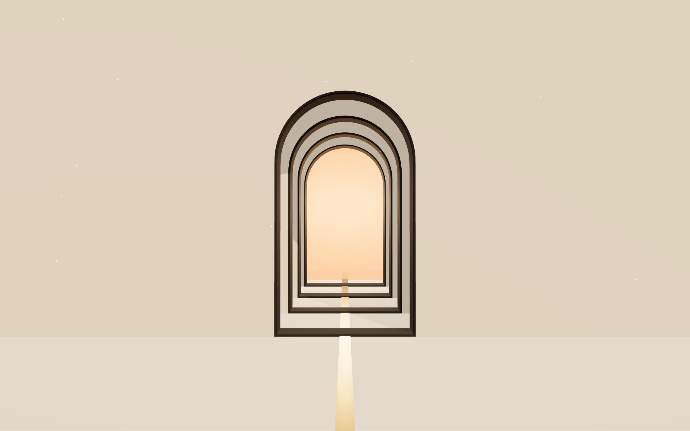 Four illuminated ivory arches receding toward a warm light beyond the final opening.